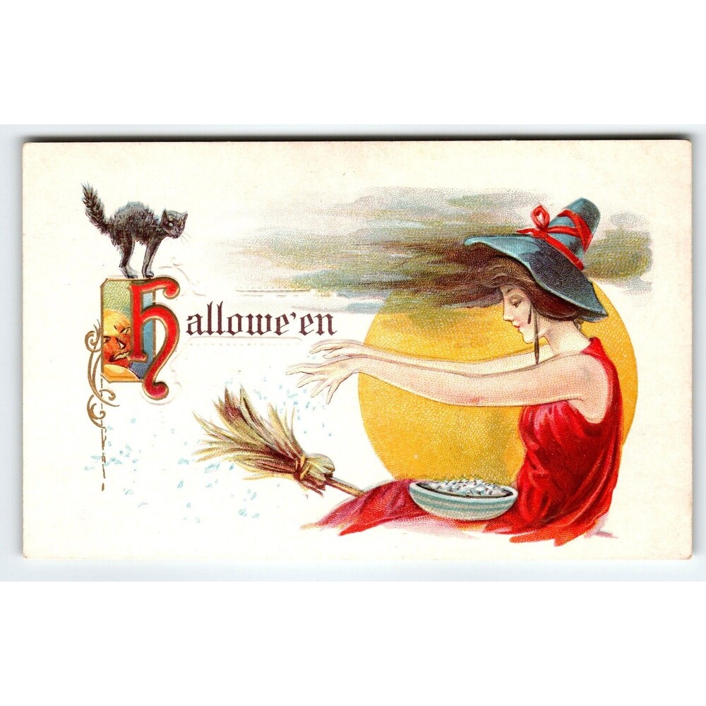 Halloween Postcard Magic Potion Spell Red Dress Witch Black Cat Stecher 332 A